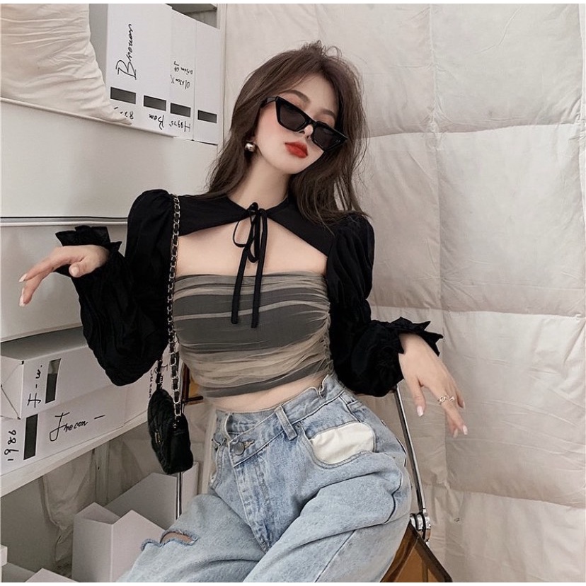 Set Áo Tube Và Áo Khoác Thời Trang Ulzzang, [ADORABLE], Set Áo Phối Lưới Và Áo Khoác Tay Dài Hot Trend 2022 Ảnh Thật