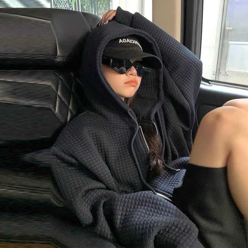 Áo Khoác Zip Nỉ Xốp - Hoodie trơn nữ mùa đông dài tay dáng rộng có mũ, họa tiết trẻ trung, năng động Ulzzang | BigBuy360 - bigbuy360.vn