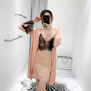 Set Đồ ngủ Lụa 2 dây kèm Áo choàng lụa Ren viền V