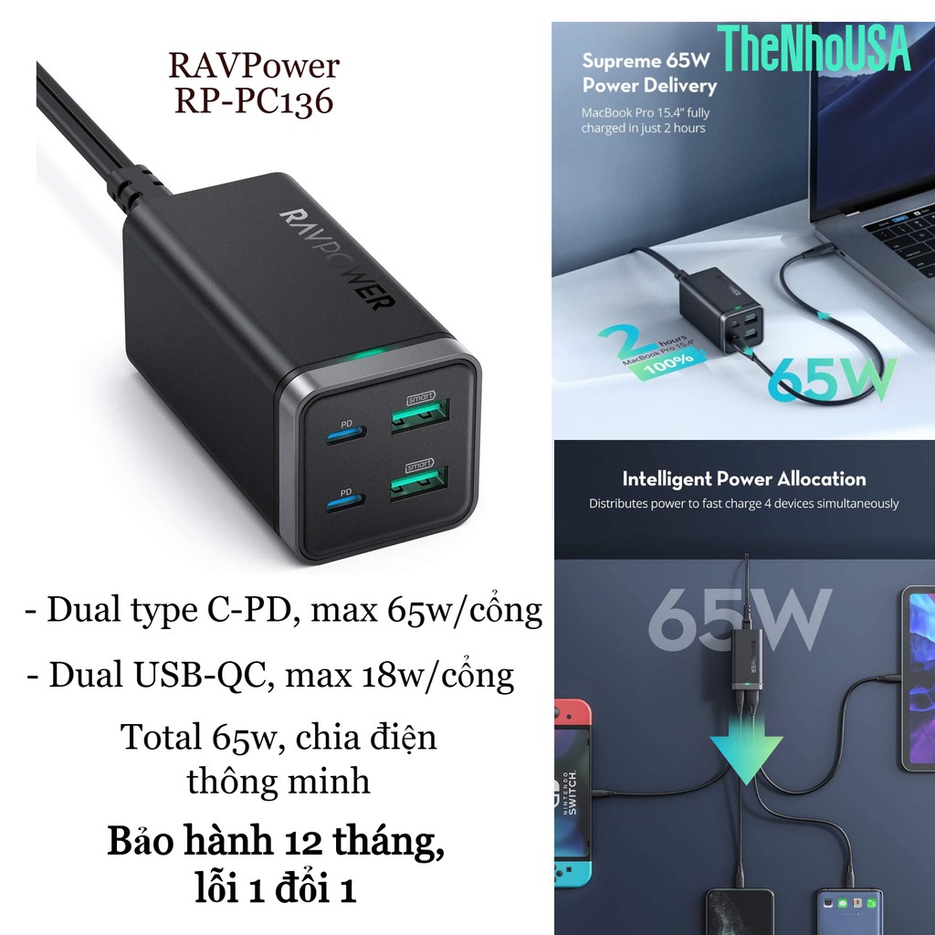 Sạc 4 cổng RAVPower 65w - GaN tech (dual type C) RP-PC136 [BH 12T]