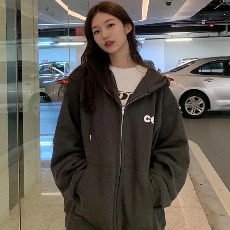 Áo khoác nữ tay dài có nón khóa kéo thời trang