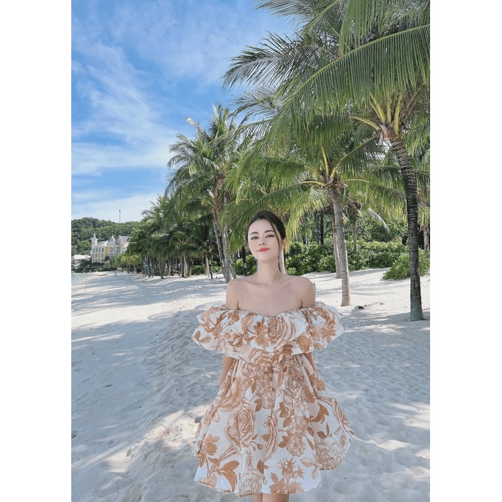 (Free ship) Đầm Thiết Kế HOT Trend --- Đầm Voan In Hở Vai Xinh Lung Linh UP HHP Fashion