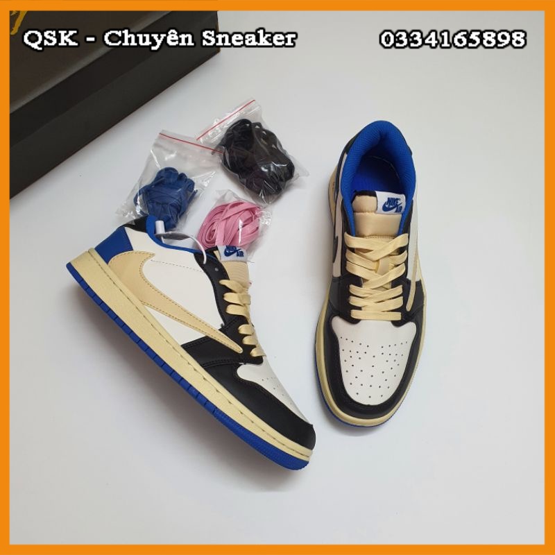 Giày Jordan 1 Low Travis Scott x Fragment Xanh Đen Cao Cấp Fullbox, Giày thể thao jordan 1 thấp cổ xanh đen móc ngược