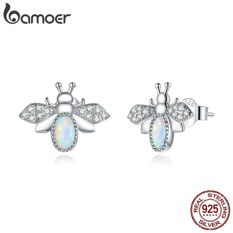 Đôi Bông Tai Cao Cấp Bamoer SCE1021 Dành Cho Nữ Bằng Bạc Thật 925 Thiết Kế Hình Con Ong Đính Đá Opal Xinh Xắn