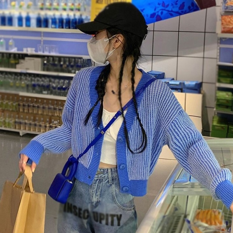 Áo Khoác Cardigan Dệt Kim Cổ Chữ V Form Rộng Họa Tiết Kẻ Sọc Màu Tương Phản Phong Cách