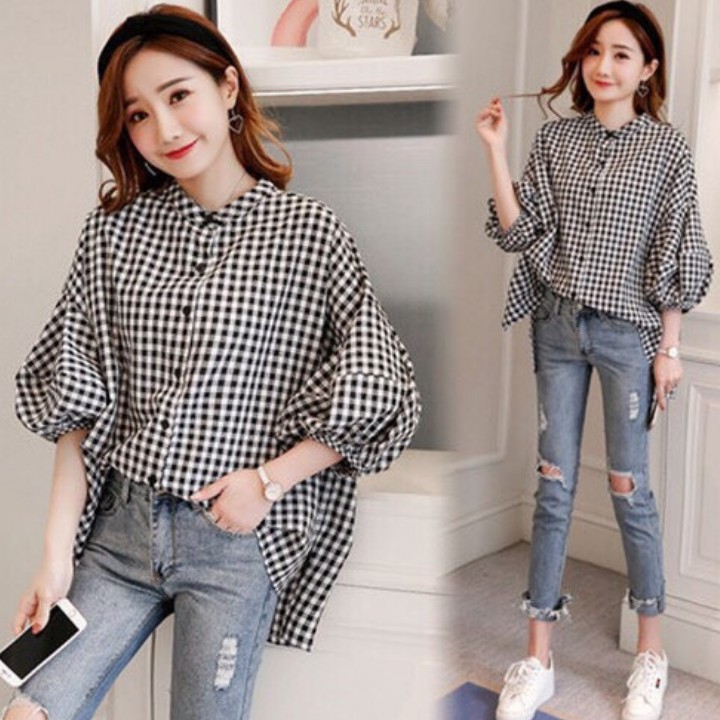 Áo sơ mi form rộng họa tiết caro mặc đi làm, dạo phố - có nhiều size, form dáng chuẩn kết hợp cùng quần jeans, chân váy