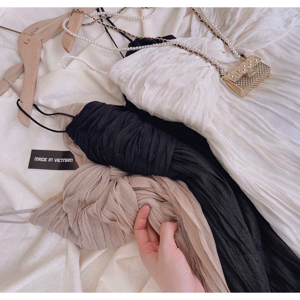 Đầm maxi 2 dây chất thun gợn sóng xoắn ngực 4 màu Xanh bơ, trắng, đen, nâu - TADstore