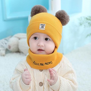 Bộ khăn + mũ len 2 quả bông cho bé