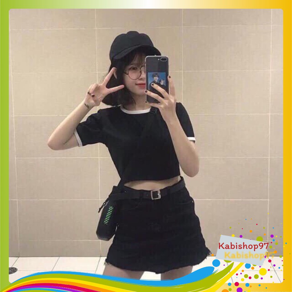 Áo Croptop bozip Viền tay ngắn bo 2 màu đen trắng đẹp thời trang | BigBuy360 - bigbuy360.vn