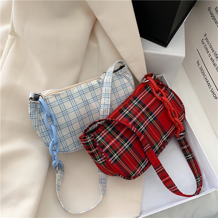 Túi đeo chéo dây mắt xích họa tiết caro phong cách Hàn Quốc Mua Tất (muatatshop)