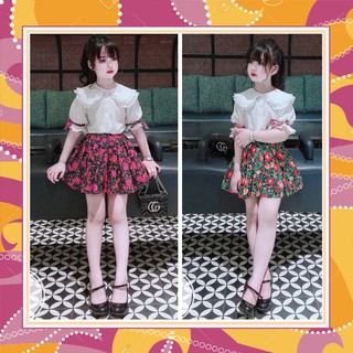 [SET TIỂU THƯ 13-25KG] Áo so mi trắng phối chân váy hoa, tay phồng phối cổ sen xinh xắn-SHOP BỐN MÙA