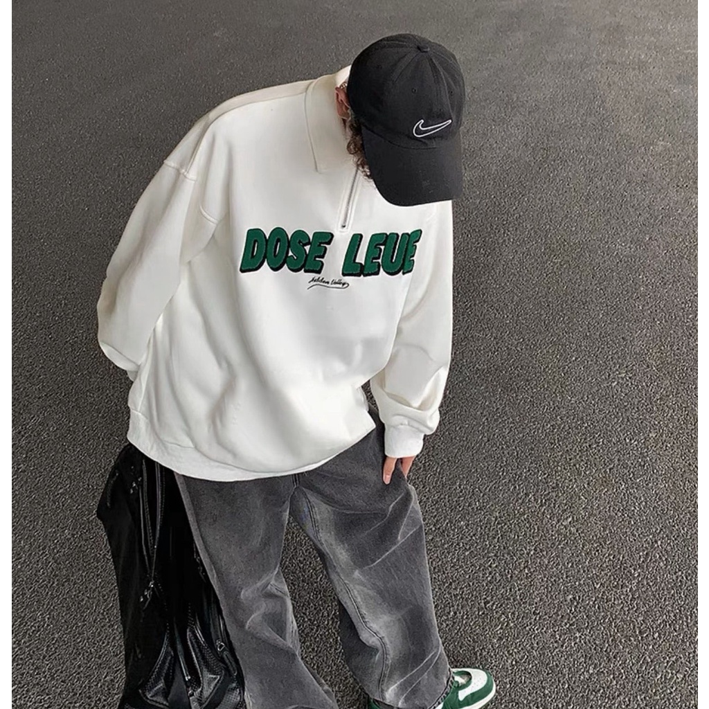 Áo Polo Dài Tay Dose Unisex Khóa Zip Nỉ Ngoại Cao Cấp,Áo Sweater Nam Nữ Phối Cổ Bẻ Phong Cách Hàn Quốc