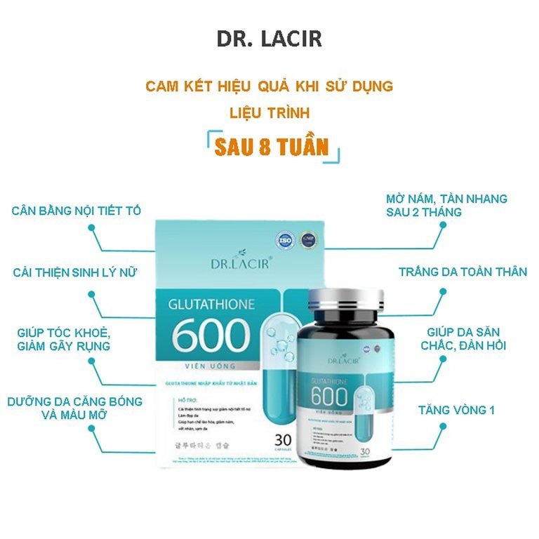 Viên Uống Glutathione 600 DrLacir hạn chế lão hoá da nếp nhăn tăng nội tiết tố nữ hộp 30 viên