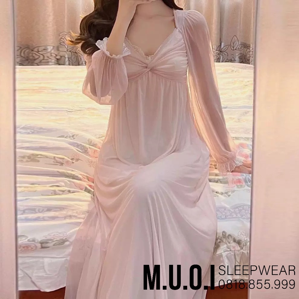 Váy ngủ lụa phối ren bèo tiểu thư tay dài nơ xoắn hottrend Sx 82 MIEMMOC chuẩn hàng QCCC - ( video+ảnh thật)