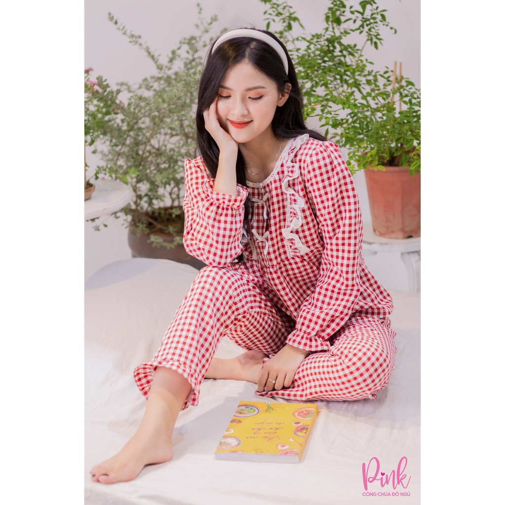 Bộ Đồ Pijama Nữ Màu Hồng Caro Tay Dài Quần Dài Mùa Đông Vải Kate Ấm Đồ Ngủ Chất Lượng Phong Cách Trẻ Trung Hàn Quốc