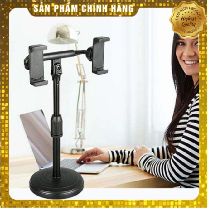 Giá đỡ 2 điện thoại Microphone Stands, kẹp chống lưng 360 độ, đế chân tròn để bàn, giá đỡ tiện lợi đa năng