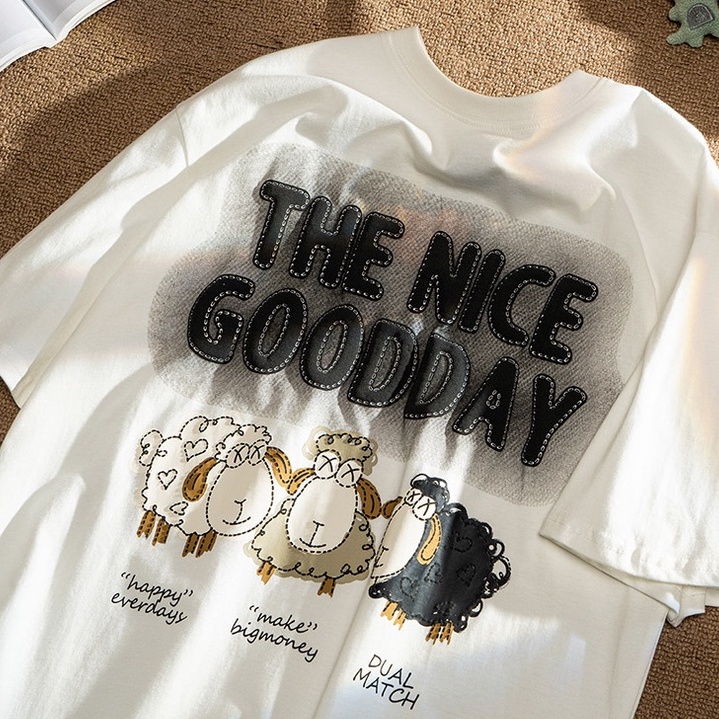 Áo Thun Cổ Tròn Unisex The Nice Goodday In Hình Cừu Phong Cách Ullzang,Áo Phông Tay Lỡ Chất Cotton Thoáng Mát
