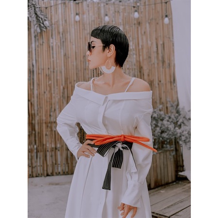 Đầm sơ mi xẻ tà đai cột MUSHOOM LEE 3 màu trắng đen cam