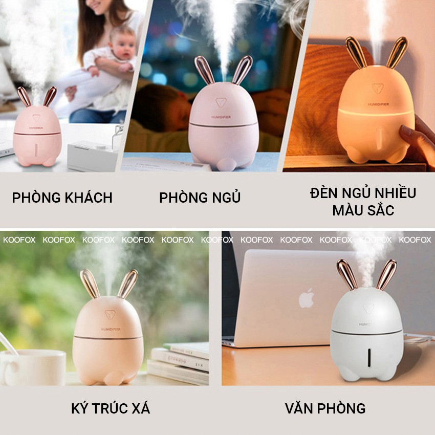 [MẪU HOT 2021] Máy tạo độ ẩm Humidifier Rabbit 300ml - Có đèn LED, siêu êm, khuếch tán tinh dầu liên tục 8 giờ - KOOFOX