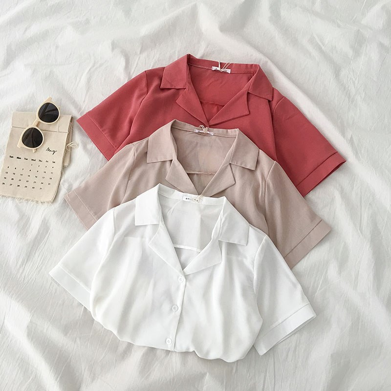 Áo sơ mi voan cổ bẻ cộc tay ulzzang 2181