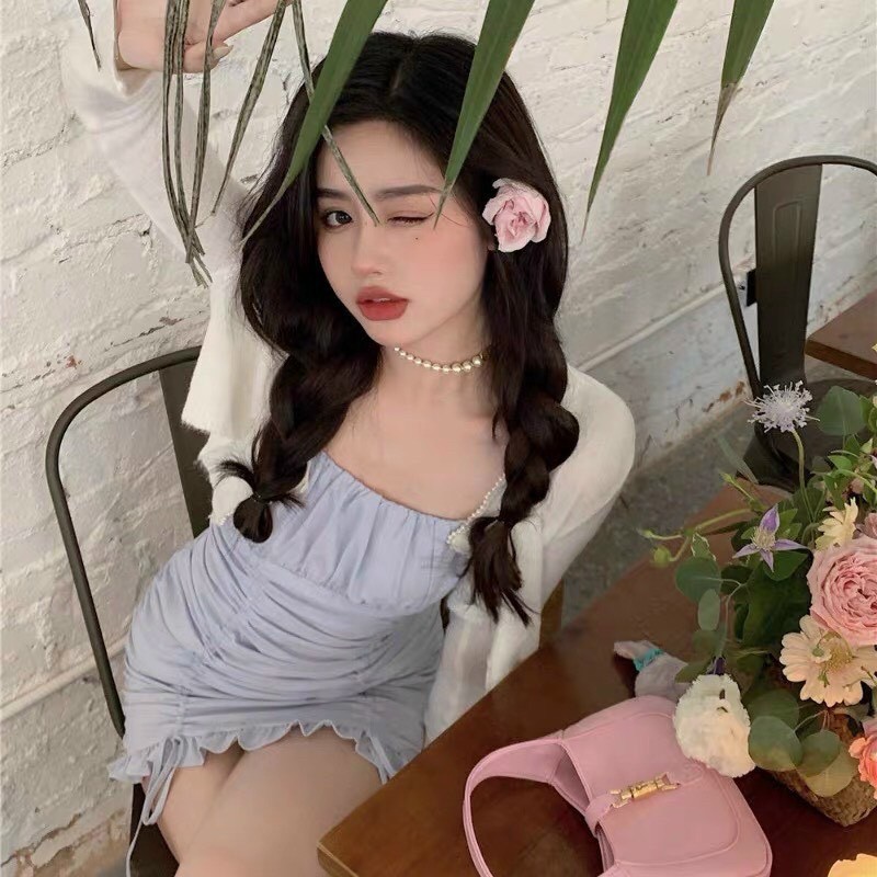 [Mã SKAMSALEP6 giảm 10% tối đa 100K đơn 150K] Set đầm xanh 2 dây nhún thân lai bèo kèm áo khoác trắng | BigBuy360 - bigbuy360.vn