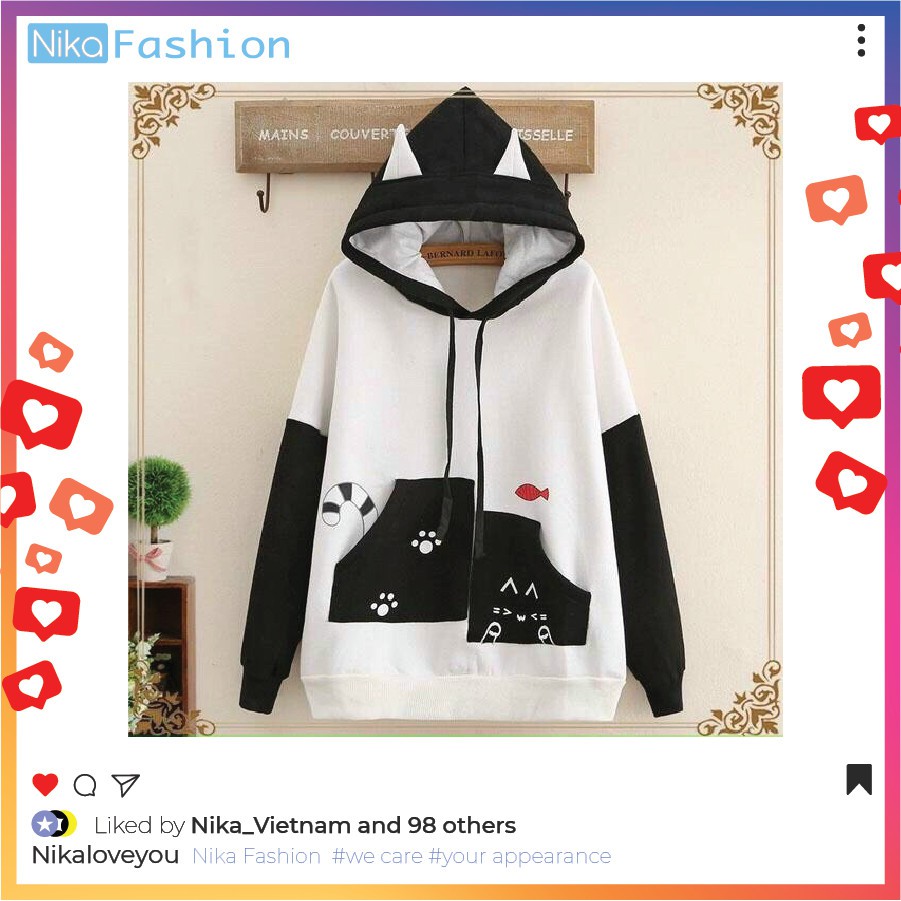 Nikafashion Áo Hoodie Nón Unisex Nam Nữ Chất Vải Nỉ Freesize 1 kích cỡ Form Dáng Rộng Dưới 65kg Mặc Đẹp Hình M.È.O.C.A