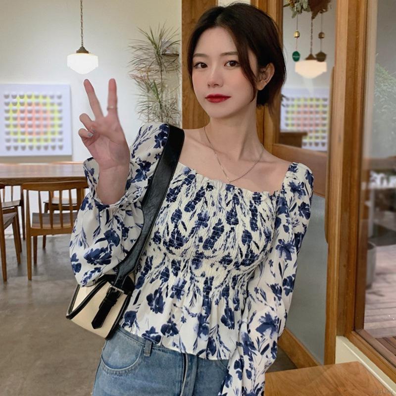 Áo Sơ Mi Chiffon Tay Dài Cổ Vuông In Họa Tiết Hoa Phong Cách Hàn Quốc Cho Nữ