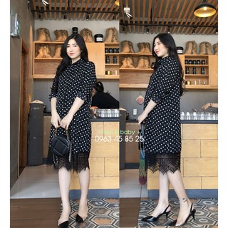 Đầm bầu sơ mi chấm bi chân ren tay dài