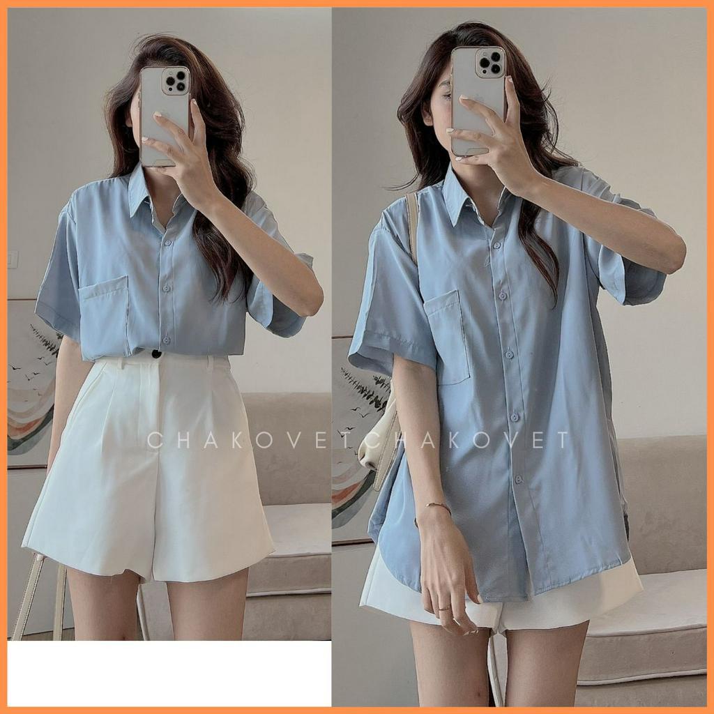 Áo sơ mi nữ cộc tay một túi ngực form rộng ullzang phong cách Hàn Quốc basic đi học đi làm A8623 - CHAKOVET