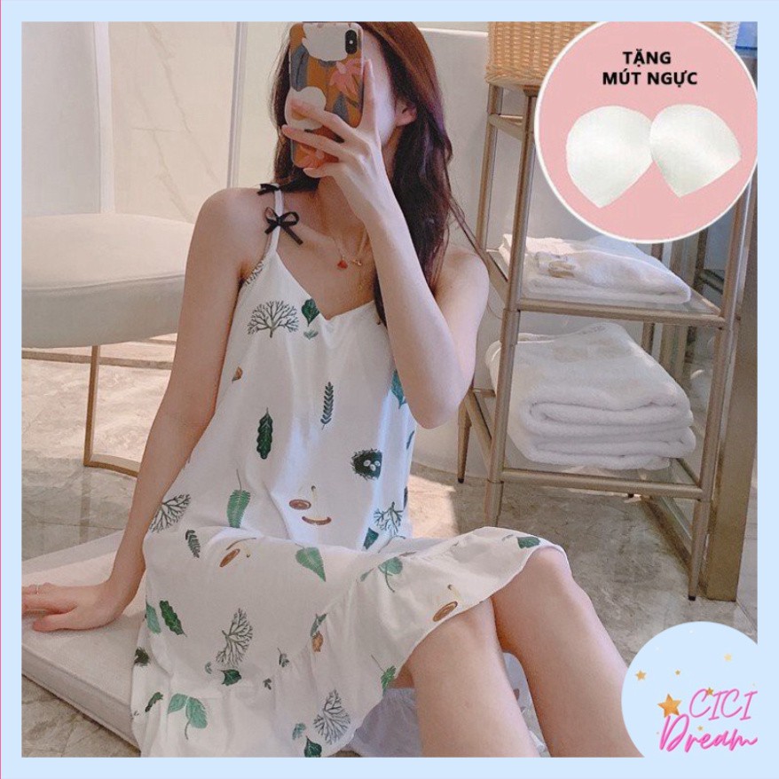Váy - đầm ngủ 2 dây thun mềm mịn, có đệm mút họa tiết nhiều màu, Đầm - váy ngủ hai dây có nơ điệu đà thoải mái