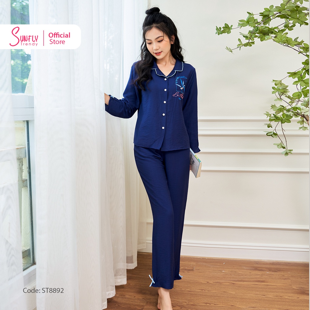 Bộ Đồ Mặc Nhà Nữ Pyjamas Linen SUNFLY Áo Tay Dài Quần Dài ST8892