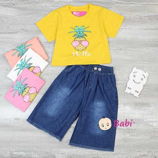 361803 [HÌNH CHỤP THẬT] Set Bộ Quần Áo Trẻ Em Gái In Họa Tiết Mùa Hè Quần Lửng Suông Denim Sành Điệu (5 - 11 tuổi)