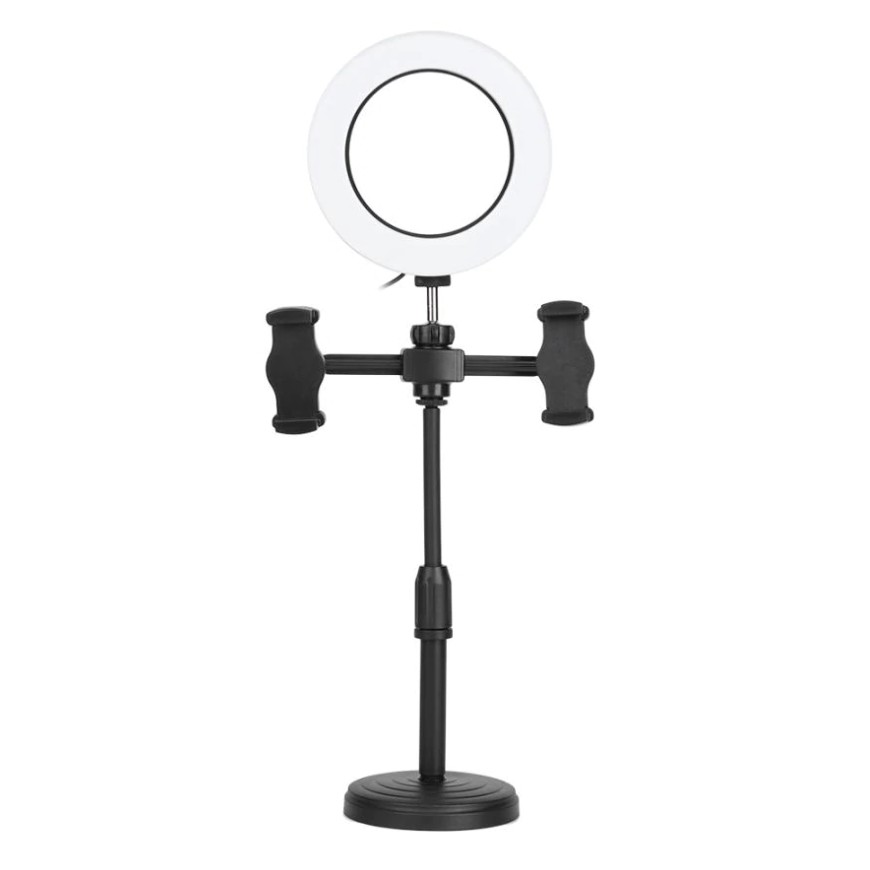 Đèn Led 16cm Với 2 Giá Đỡ Điện Thoại Để Bàn, Hỗ Trợ Livestream, Trang Điểm, Chụp Ảnh Beauty, Quay Video - Tặng Remote
