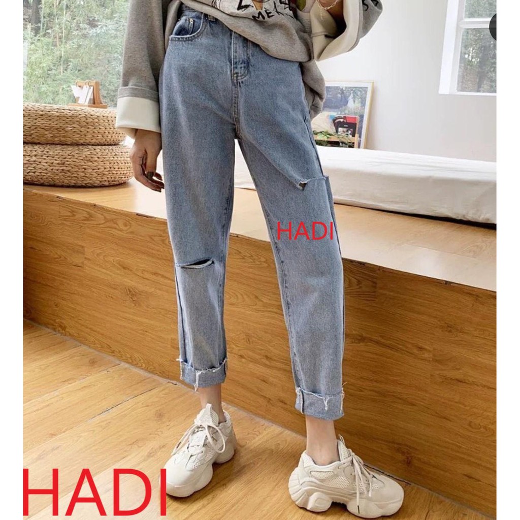 [ HÌNH THẬT TUYỆT VỜI!! ] QUẦN BAGGY JEAN NỮ CAO CẤP HADI LƯNG SIÊU CAO LAI TUA RÁCH GỐI PHẢI PHỐI RÁCH BE TRÁI CAO CỰC