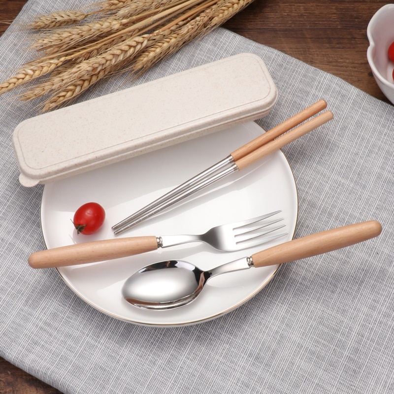 Bộ thìa, đũa, dĩa Inox cán gỗ sồi sang trọng tặng kèm hộp đựng lúa mạch