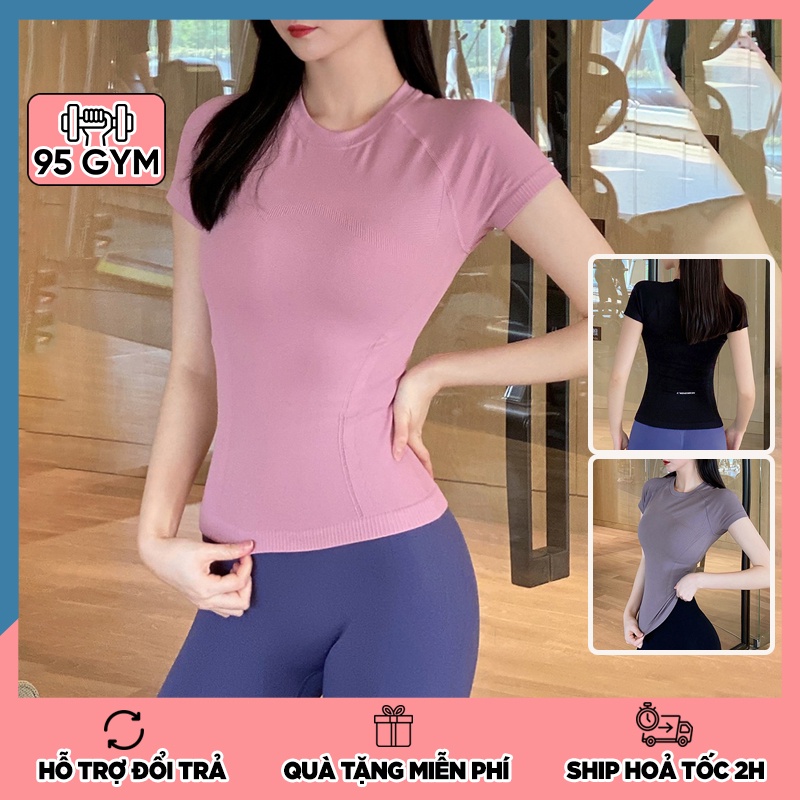 Áo cộc tay tập gym yoga nữ 95Gym AC26 dáng dài ngắn tay chất dệt mềm mịn co giãn tốt thấm hút mồ hôi