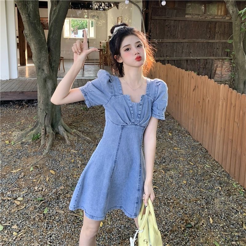 Váy denim tay phồng thiết kế thời trang phong cách Pháp cho nữ