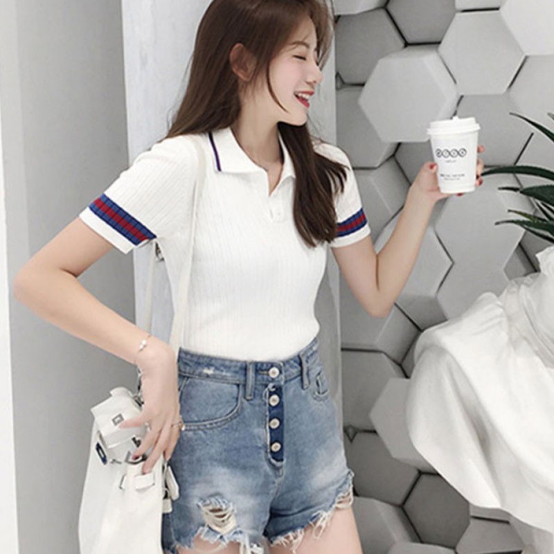 Áo Thun Dệt Kim Nữ Cổ Chữ V Màu Tương Phản