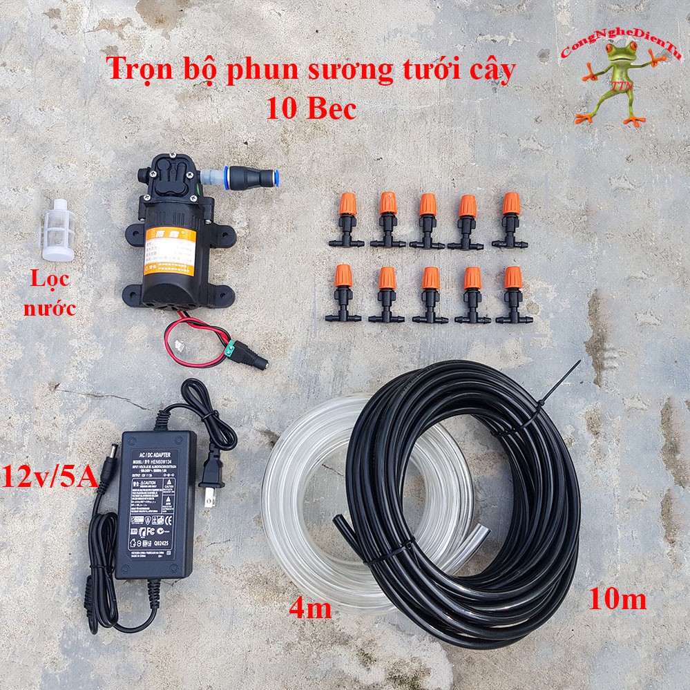 Trọn bộ máy bơm phun sương tưới cây 10 bec nhưa màu cam