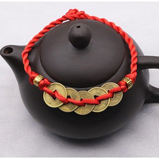 Lắc Chân - Vòng Tay EBI Bện Chỉ Đỏ Năm Đồng Tiền Xu Mang Lại May Mắn Tiền Tài