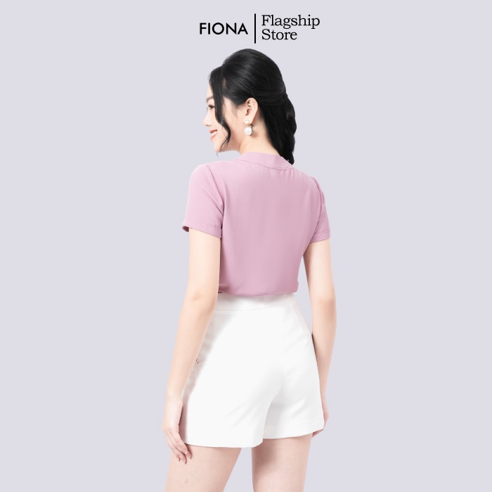 Áo sơ mi cổ nơ FIONA, sơ mi nữ dáng suông tay cộc màu hồng mã F551180