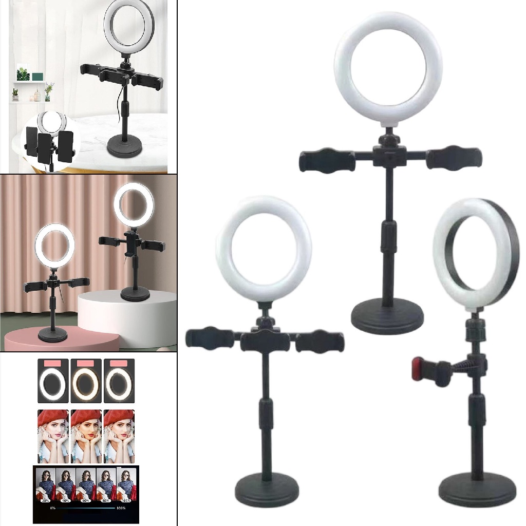 Đèn Livestream 3 in 1 Tích Hợp Giá Đỡ 3 Điện Thoại Có 3 Chế Độ Sáng, Kẹp Điện Thoại Để Bàn Quay Video -dc4761