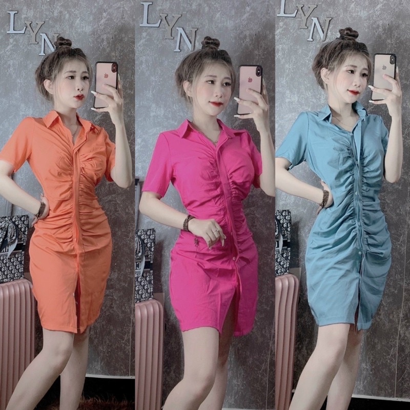 Đầm Sơ Mi Nữ Công Sở Đi Tiệc Váy Body Rúm Eo Tay Ngắn Chất Mát