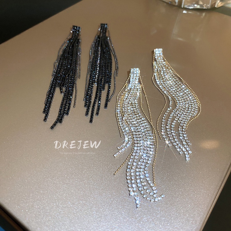 DREJEW Bông Tai Mạ Bạc Dáng Dài Đính Kim Cương Giả Phong Cách Âu Mỹ