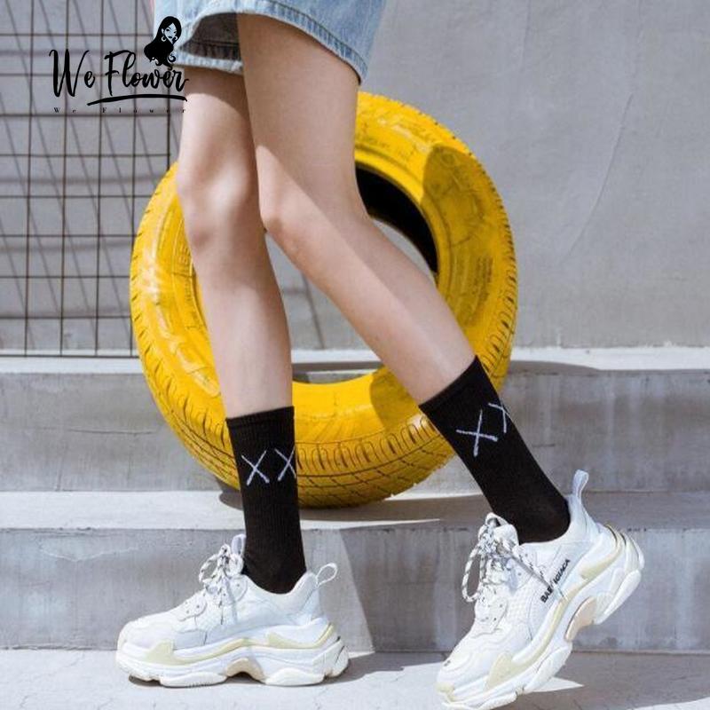 We Flower Vớ cổ cao màu đen trắng đơn giản cho nữ