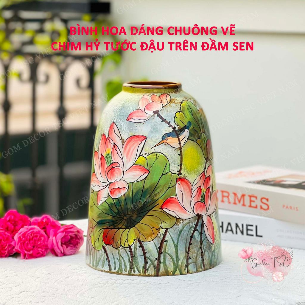 Lọ hoa gốm sứ Bát Tràng- Bình chuông cắm hoa - Bình hút lộc cao cấp vẽ tay thủ công hoa sen trang trí phòng khách đẹp