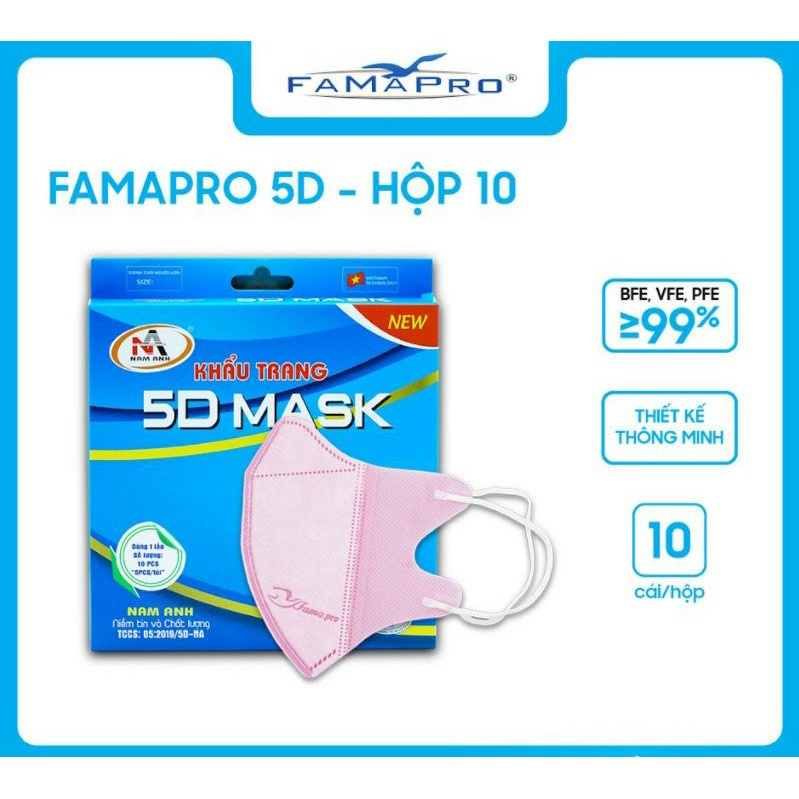 Khẩu trang y tế 5D MASK- Quai Thun - kháng khuẩn Famapro (Nam Anh)- Hộp 10 cái