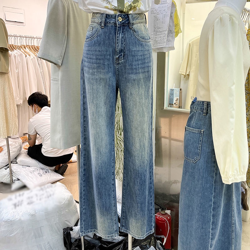 ☑✴☑Quần Jean Nữ Ống Rộng Lưng Cao Phong Cách Retro Hong Kong Thời Trang Mùa Hè 2022 Mới