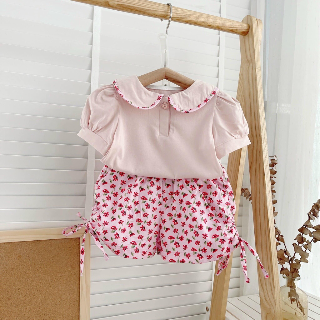 Bộ cotton cộc tay Mozi cố sen phối hoa cho bé gái