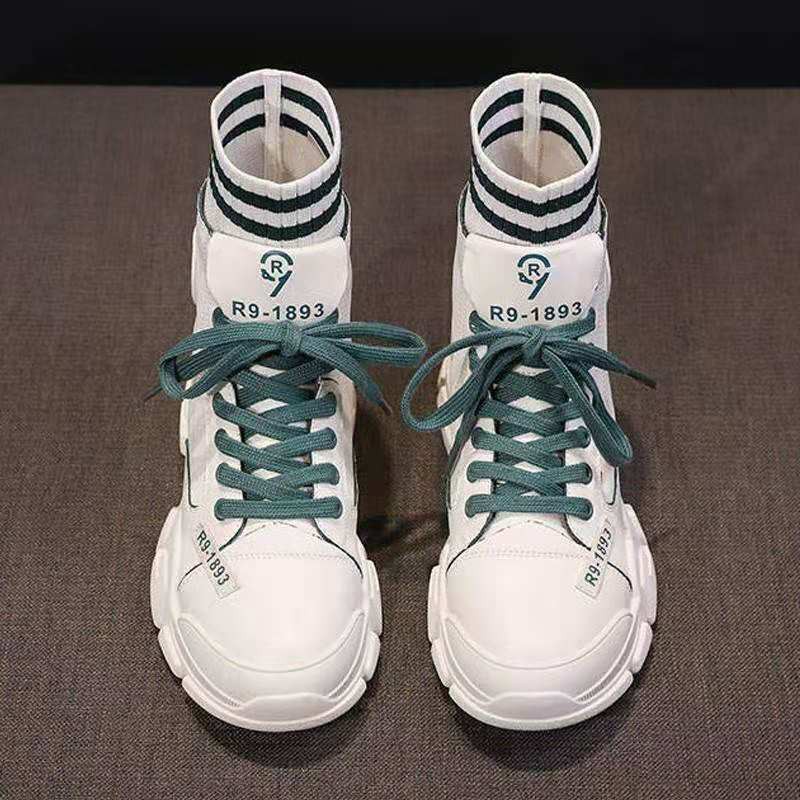 Giày bốt nữ cổ chun sọc đen trắng da mềm độn phong cách Anh quốc cổ cao đế cao 5cm | BigBuy360 - bigbuy360.vn